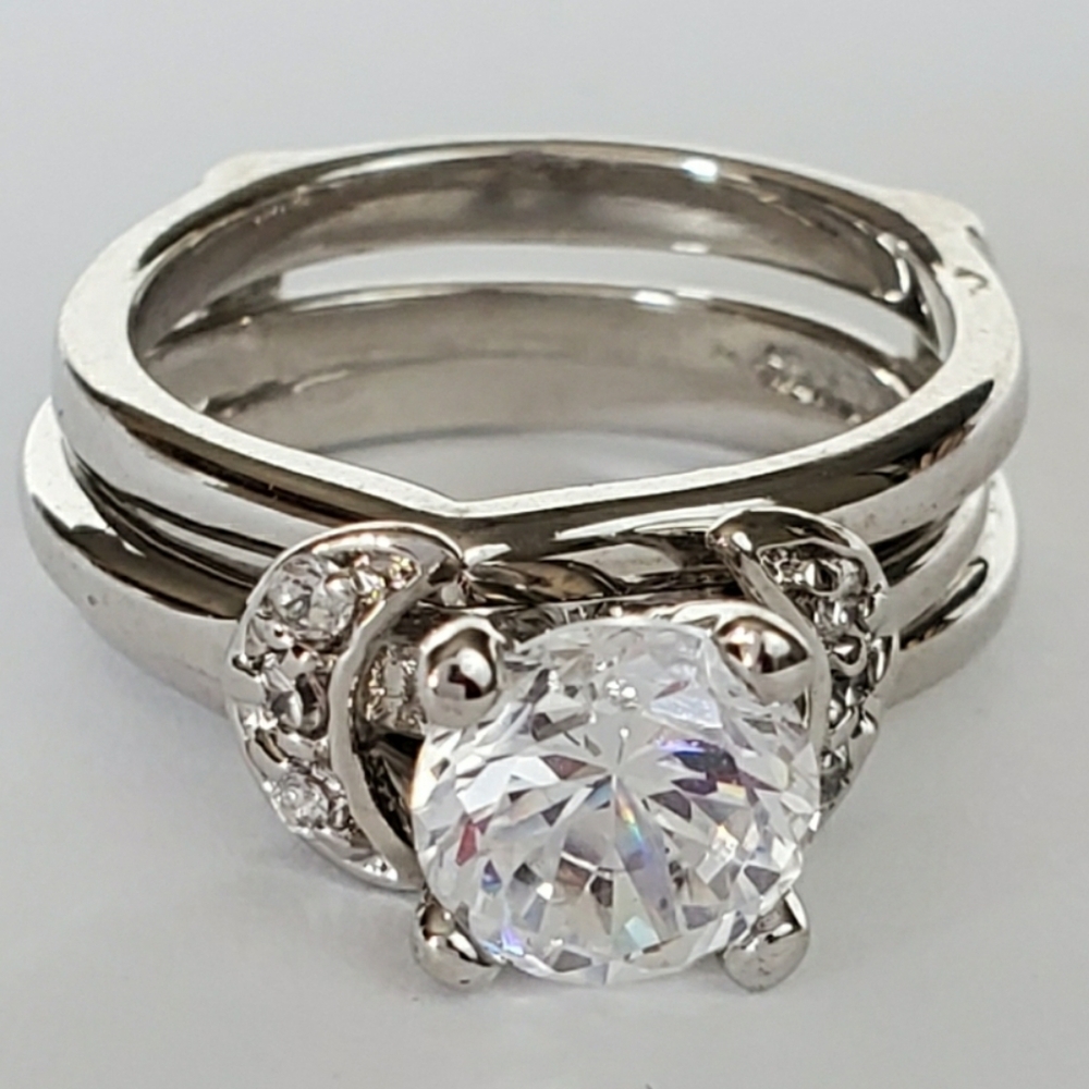 Silver Plated Wedding Band Ring Set Size 5 Cubic Zirconia 1.5 CWT * - Picture 2 of 10